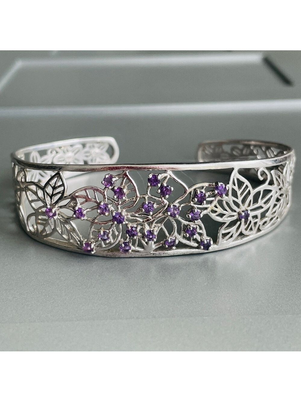 Amethyst Floral Filigree Open Work Sterling Silver Cuff Bracelet By HENG…